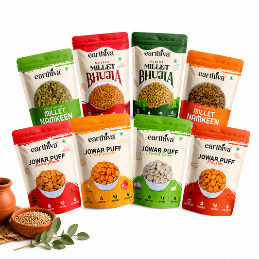 The earthiva Box - Jowar Puffs, Millet Namkeen & Millet Bhujia Combo - 8 Packs