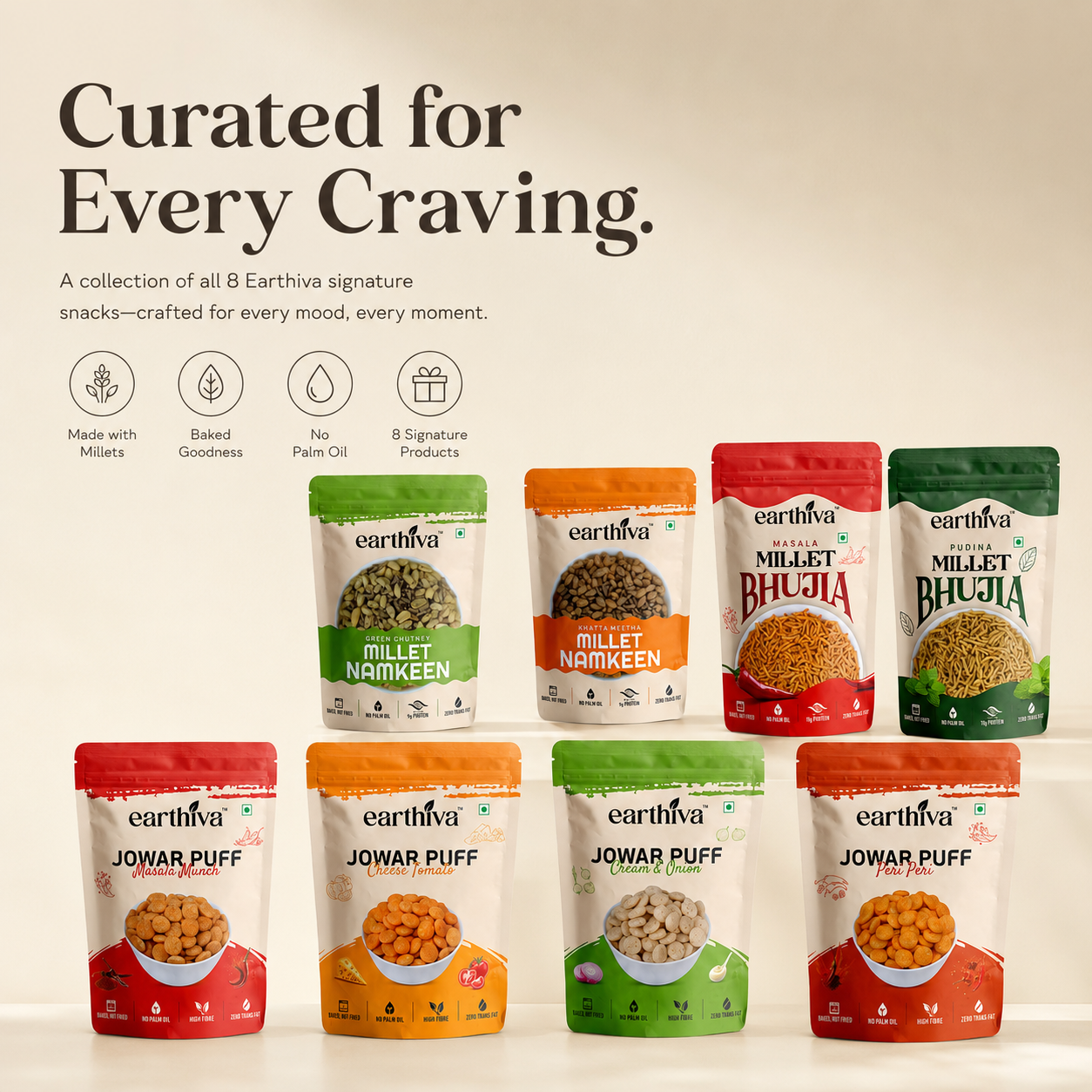 The earthiva Box - Jowar Puffs, Millet Namkeen & Millet Bhujia Combo - 8 Packs