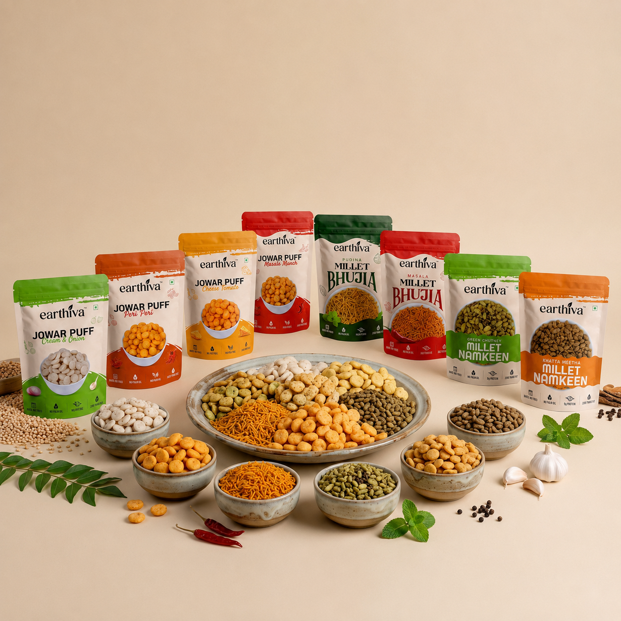 The earthiva Box - Jowar Puffs, Millet Namkeen & Millet Bhujia Combo - 8 Packs
