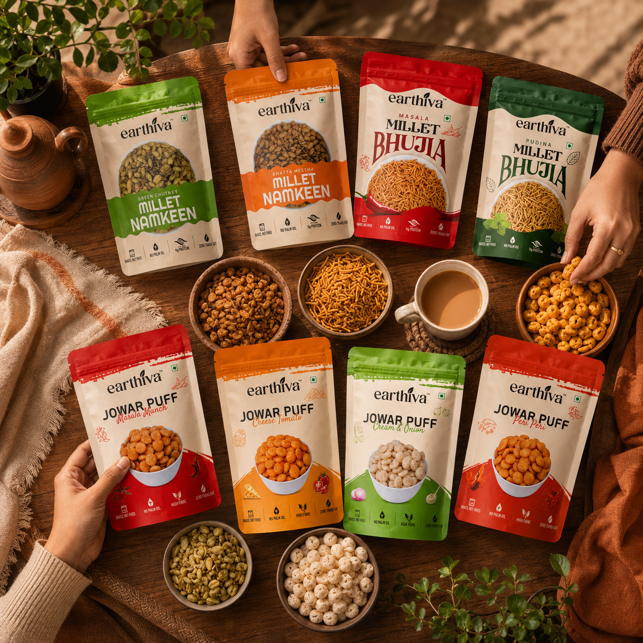 The earthiva Box - Jowar Puffs, Millet Namkeen & Millet Bhujia Combo - 8 Packs